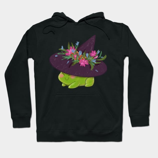 Witchy frog wearing pointy witch hat with flowers Hoodie by Itsacuteart